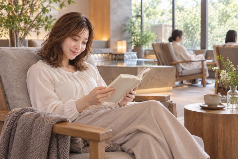 ラウンジで読書を楽しむ女性