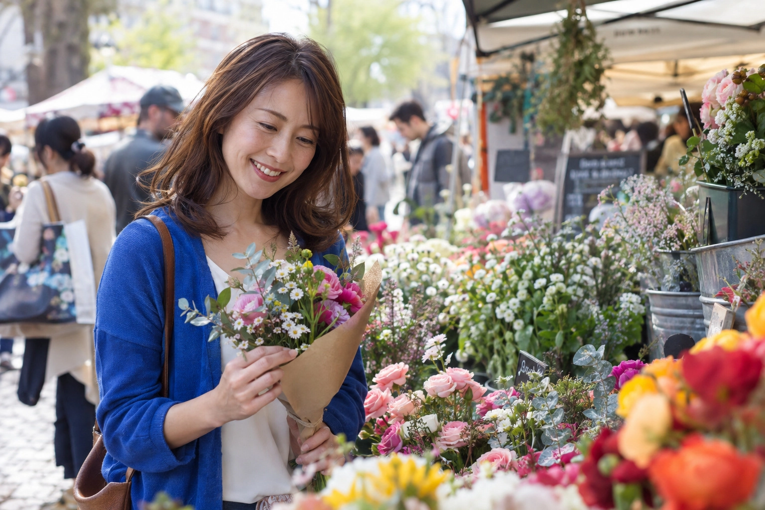 花市場で自分のための花を選ぶ女性