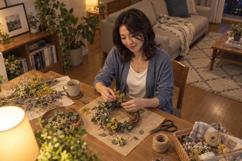 自宅で花のリースづくりを楽しむ女性