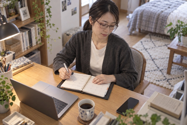 自宅で個人の予定を手帳に書く女性