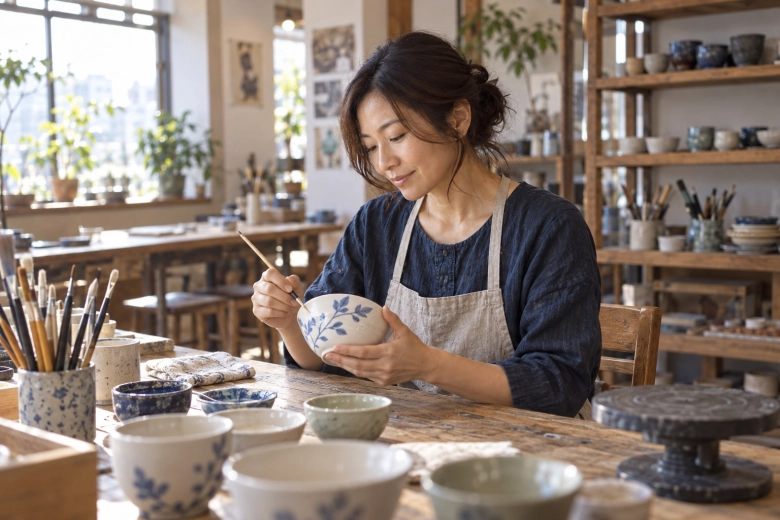 趣味の教室で器に絵付けをする女性