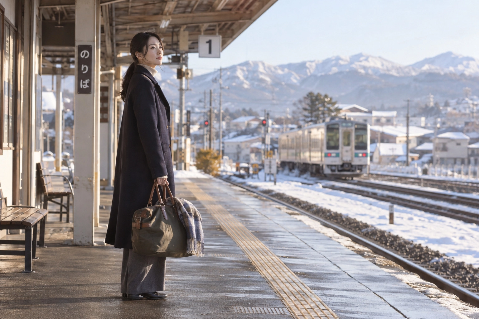冬の駅でひとりの時間を過ごす女性
