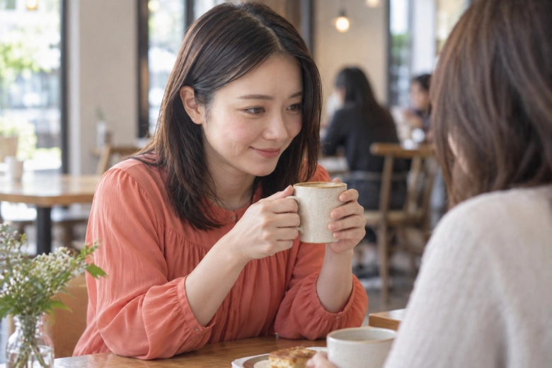 カフェで友人と話す女性