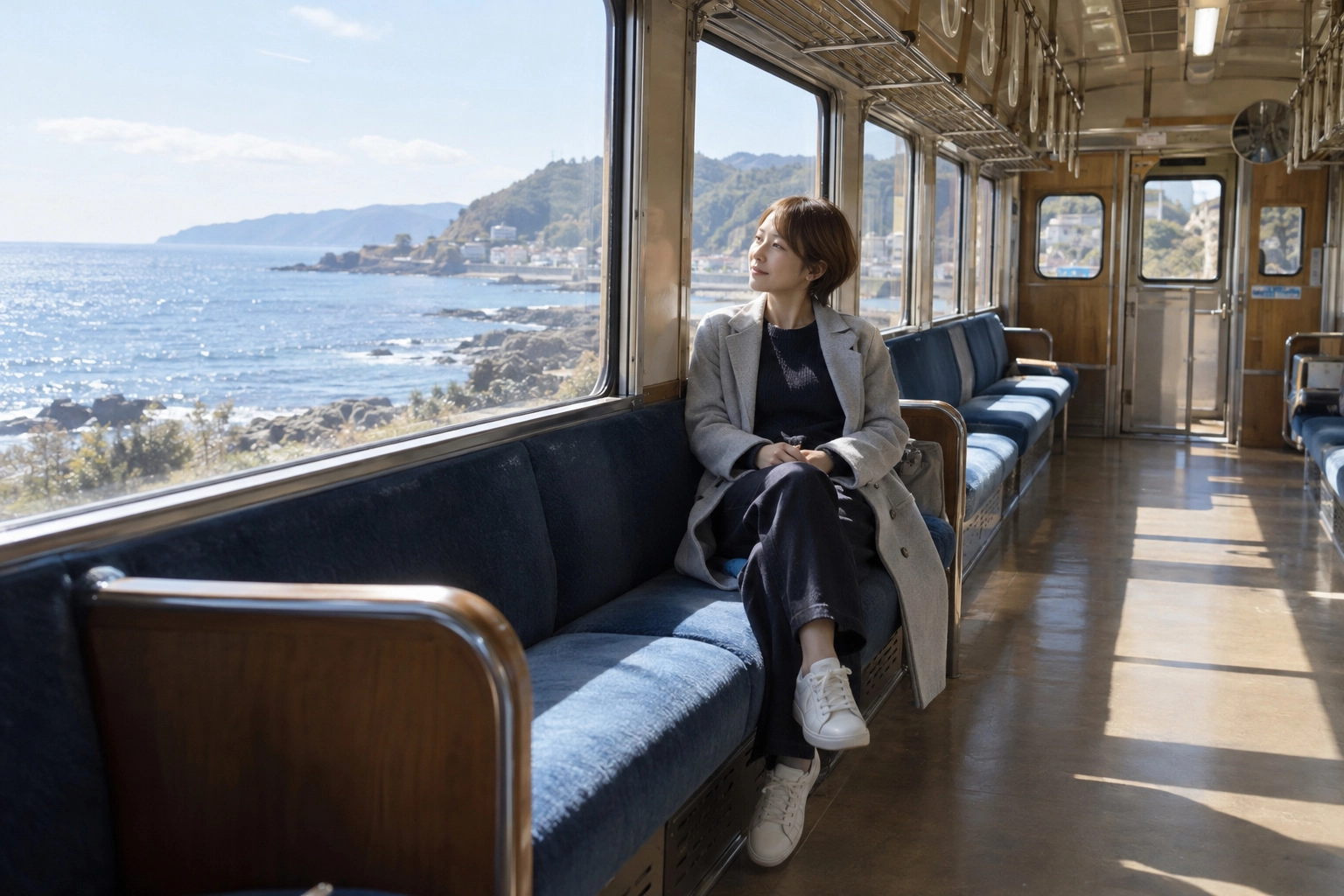 平日の電車で海沿いの景色を楽しむ女性