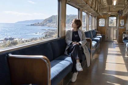 平日の電車で海沿いの景色を楽しむ女性