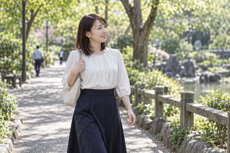 公園を落ち着いた表情で歩く女性