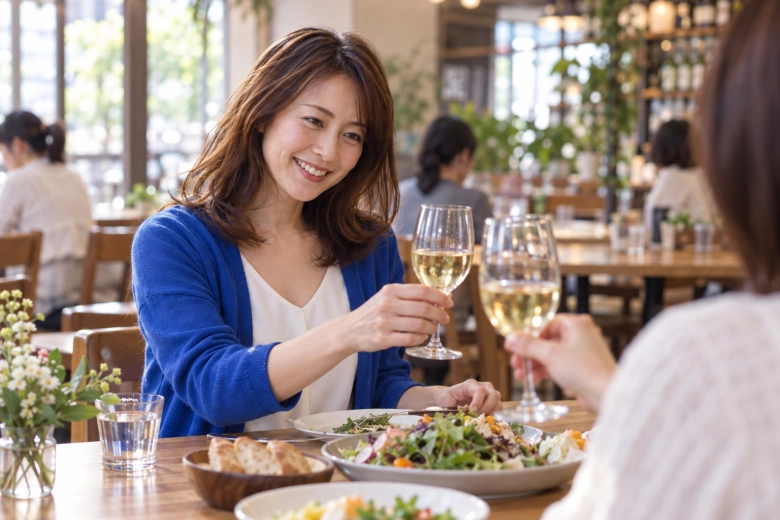 友人と食事を楽しむ女性