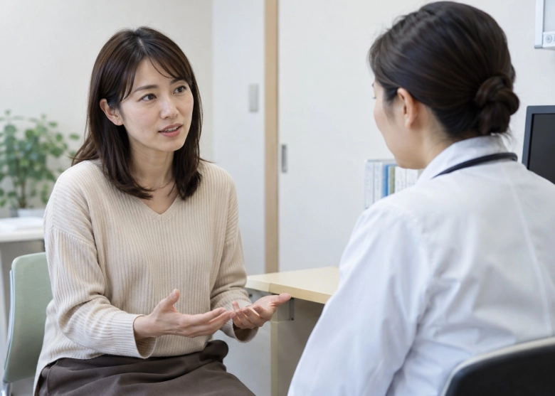 続く違和感について医師に相談する女性
