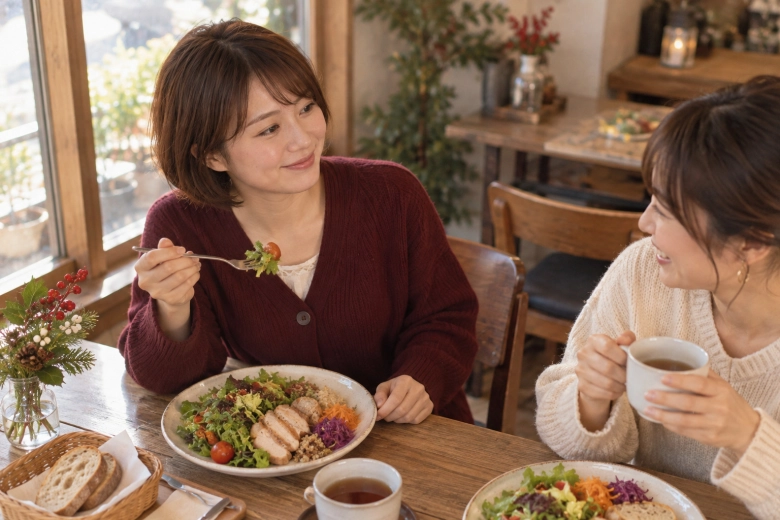 友人とクリスマスのランチを楽しむ女性