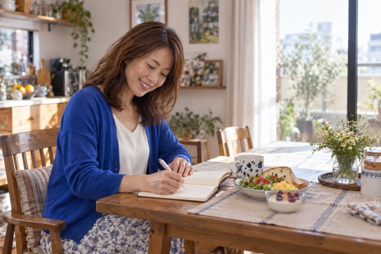 朝食の時間にノートを広げる女性
