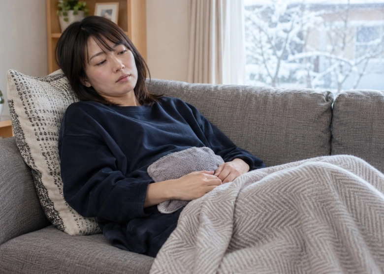 無理をせず、温めながら休む女性