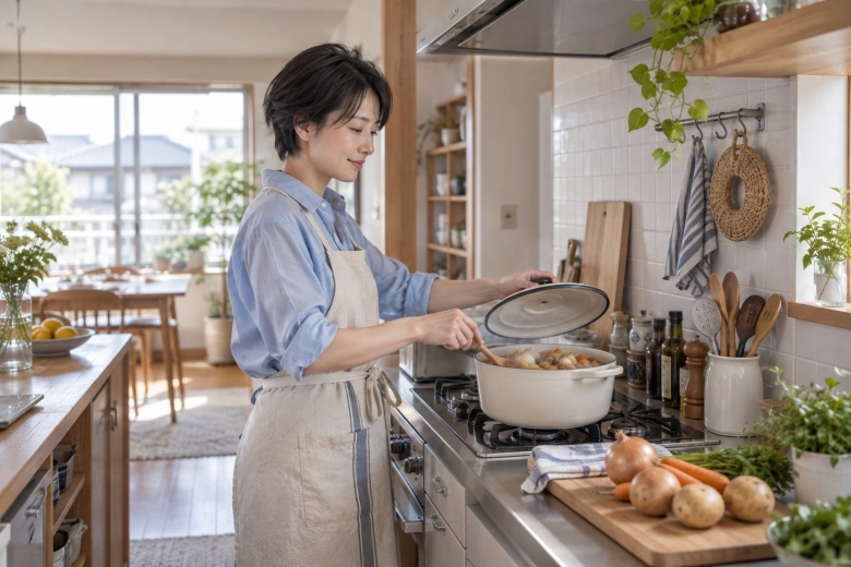 自宅で料理を楽しむ女性
