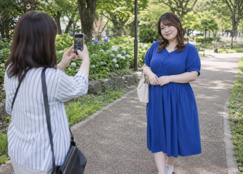自然な雰囲気の写真を、友達に撮ってもらう女性