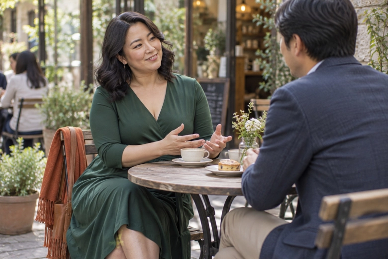 カフェで知人と穏やかに話す女性