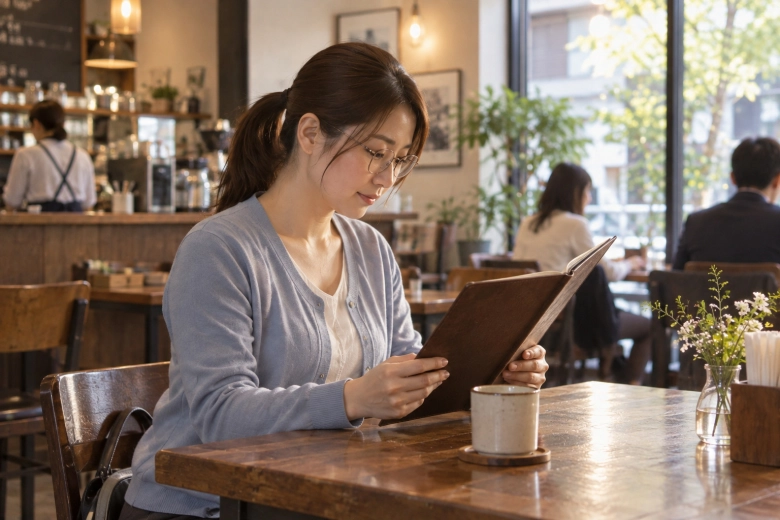 明るいカフェでメニューを見る女性