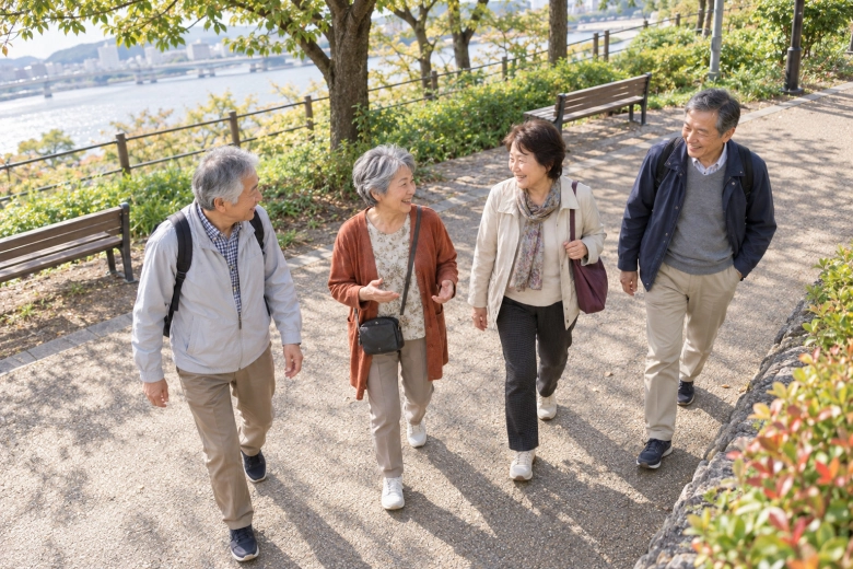 同年代の仲間と散歩する女性