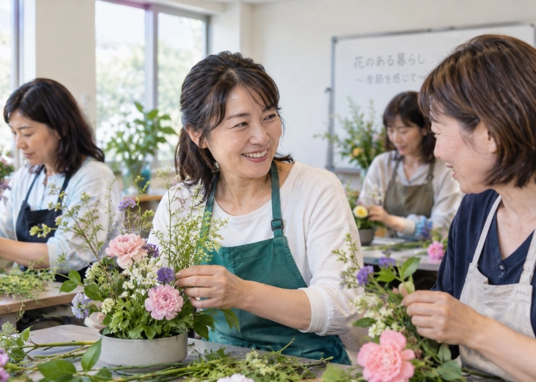 習い事で、顔なじみの人と話す女性
