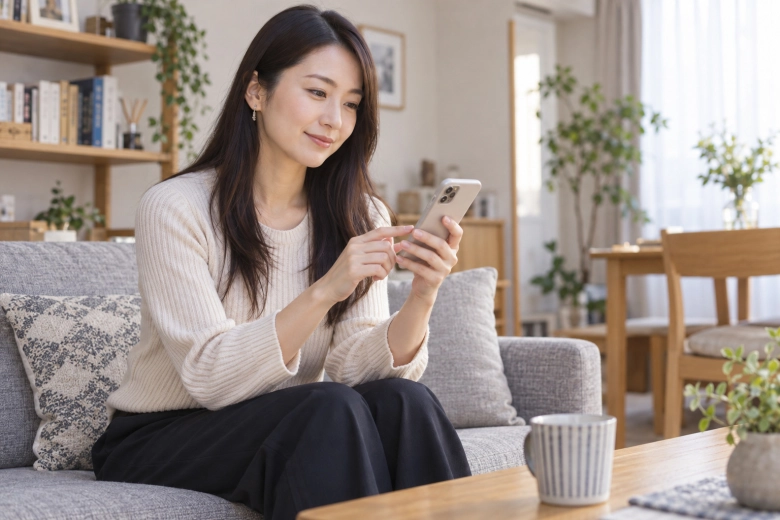 自宅で会う前の情報を確認する女性