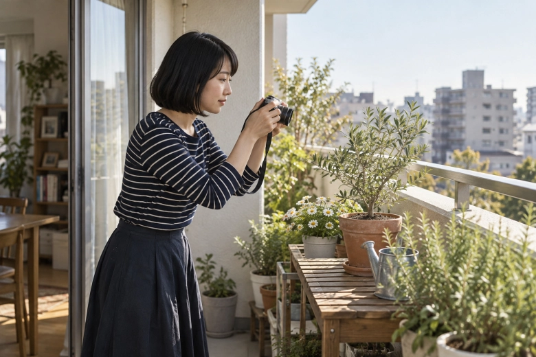 ベランダの植物を撮影する女性