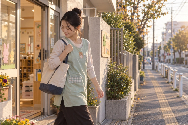 仕事を終えて園を出る女性