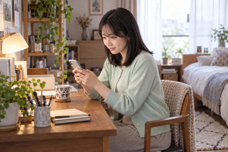 自宅でメッセージをやり取りする女性