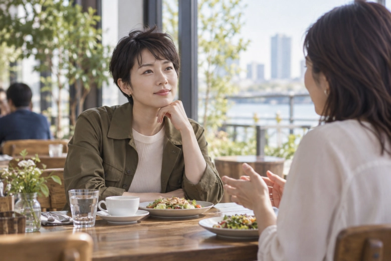 カフェで知人と食事をしながら話す女性