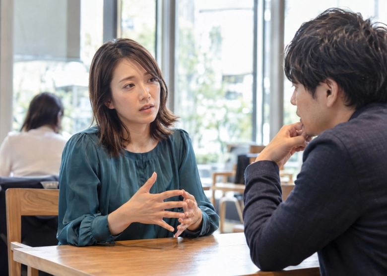 苦手なことを伝え、相手と話し合う女性