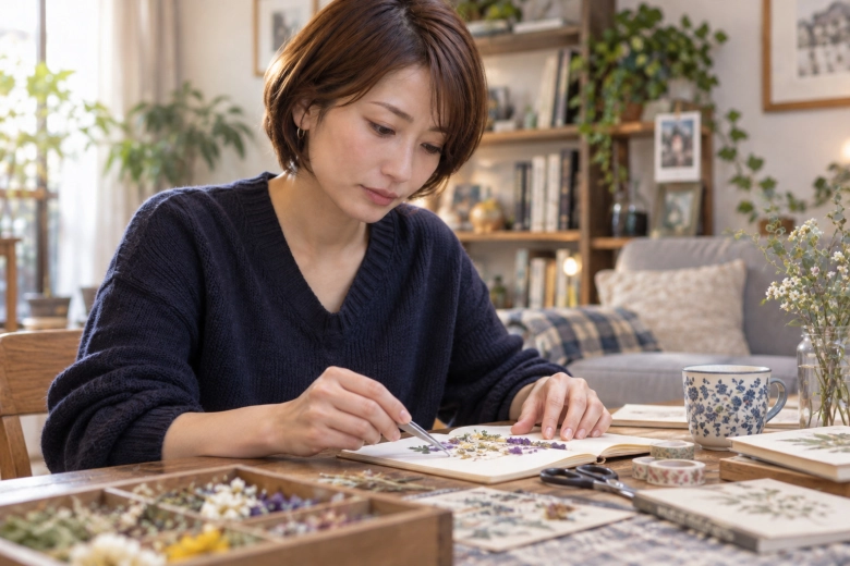 自宅で趣味に集中する女性