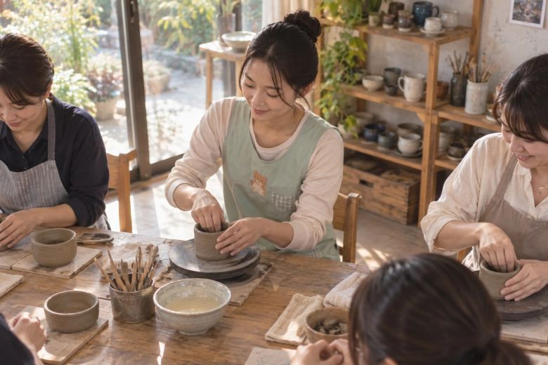 休日の陶芸教室を楽しむ女性