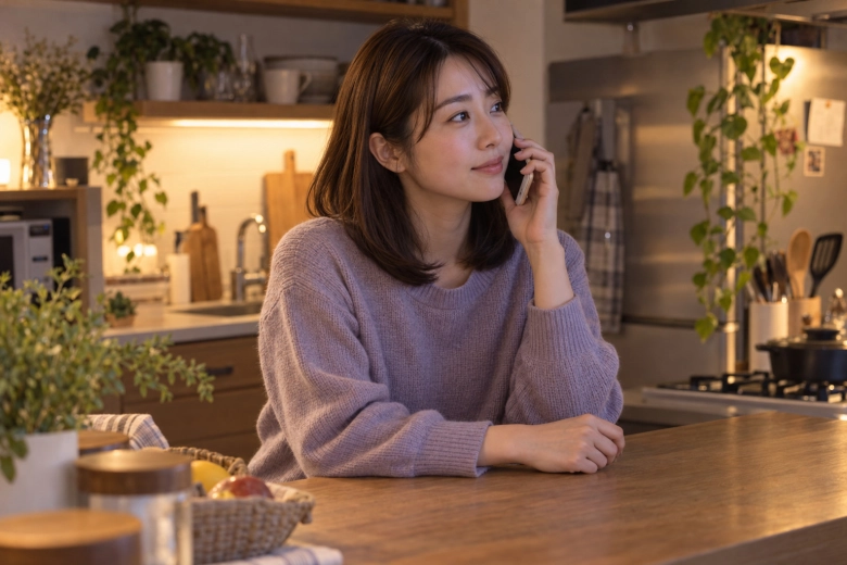 自宅で友人と電話をする女性
