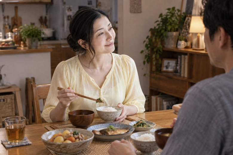 夫と夕食をとりながら話す女性