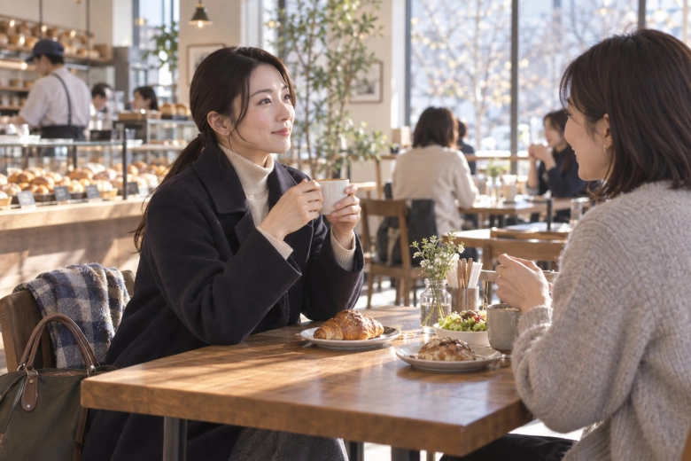 冬のカフェで友人と話す女性