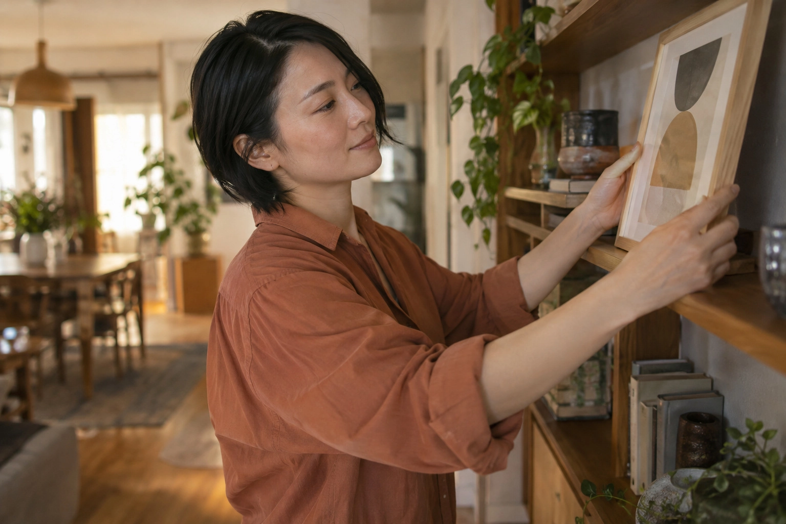 自宅に飾る絵の位置を整える女性