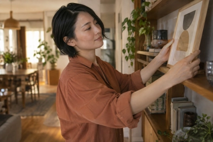 自宅に飾る絵の位置を整える女性