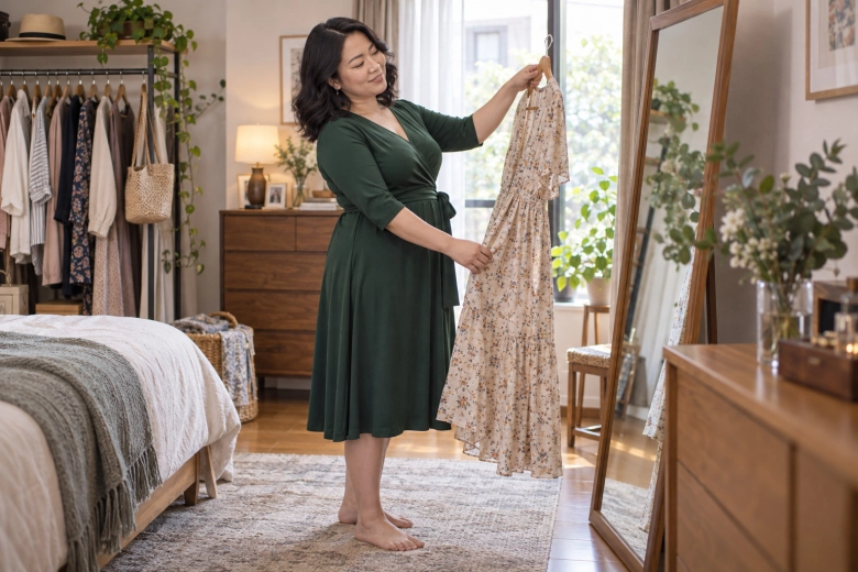 鏡の前で服を選ぶ女性
