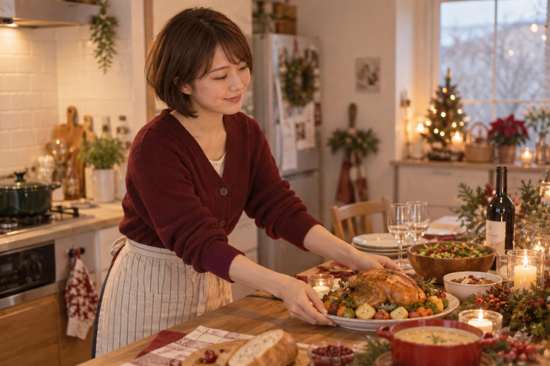 クリスマスの食事を用意する女性