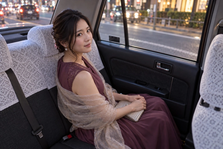 結婚式の帰りにタクシーに乗る女性