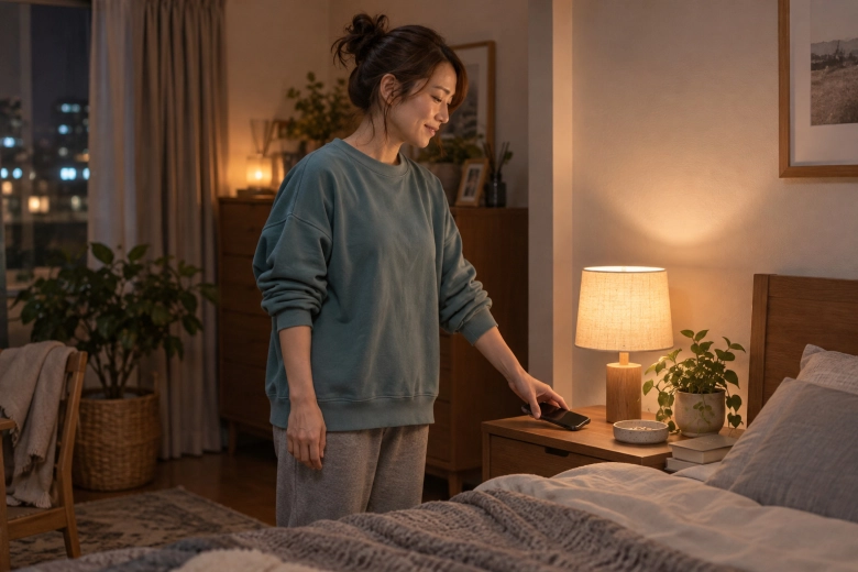 寝る前にスマートフォンを置く女性