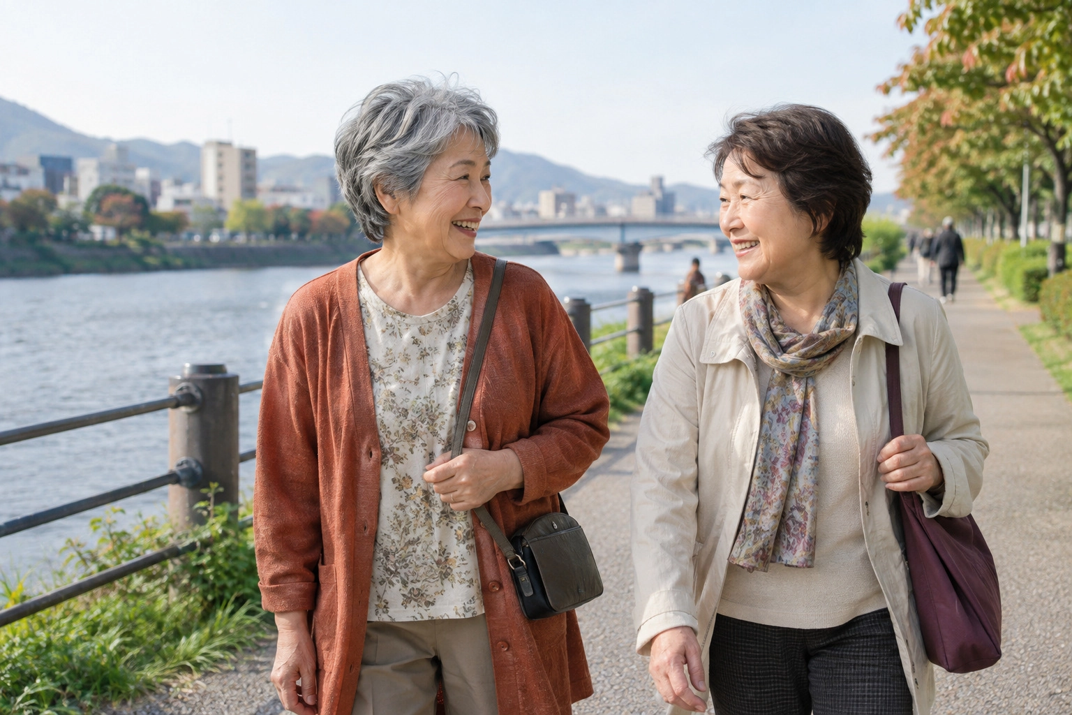 川沿いで友人と散歩する60代の女性