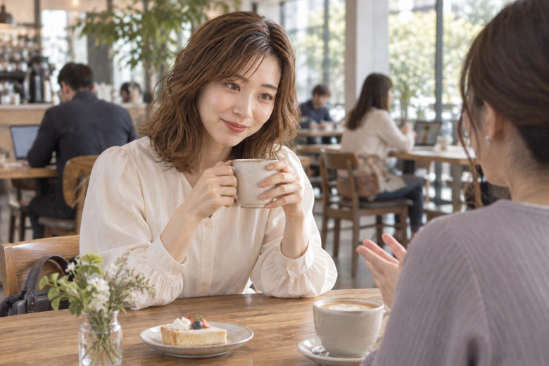 人目のあるカフェで友人と過ごす女性
