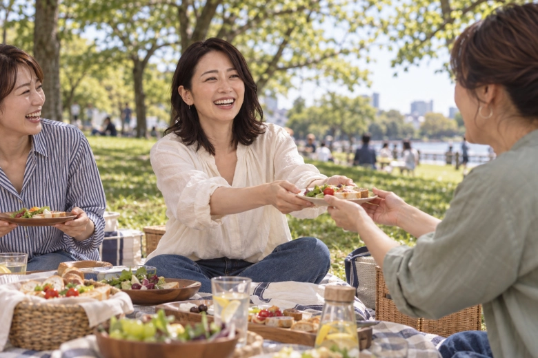 友人と公園でピクニックを楽しむ女性
