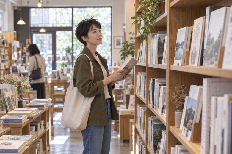 書店で本を選ぶ女性