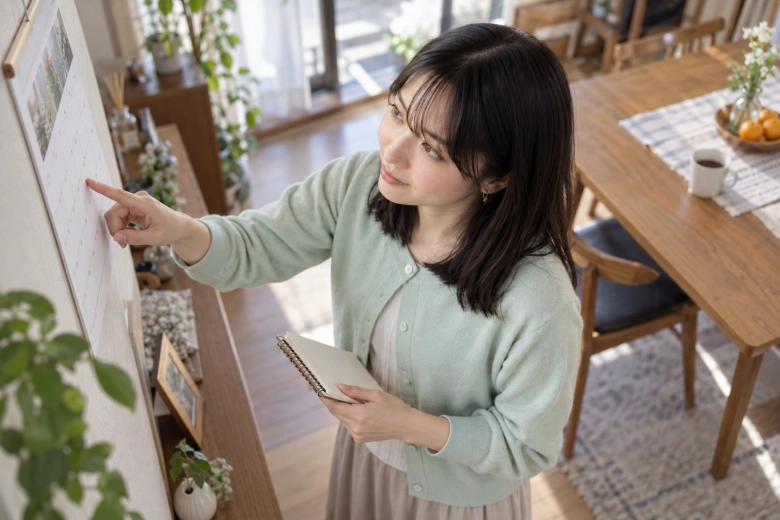 壁のカレンダーで会う日を考える女性