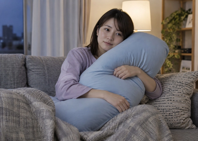 大きめの抱き枕を抱えて、落ち着いて過ごす女性