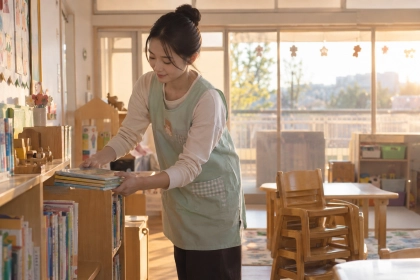 仕事のあとに保育室の絵本を片づける女性