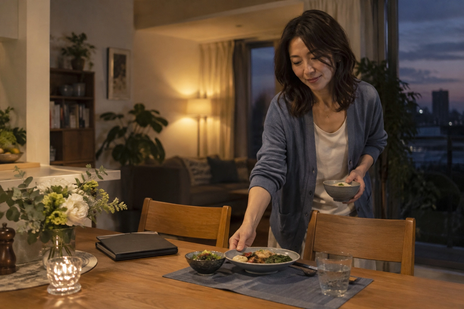 ひとりの夕食を準備する女性