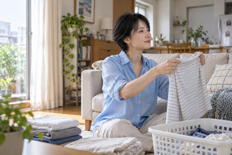 自宅で洗濯物をたたむ女性