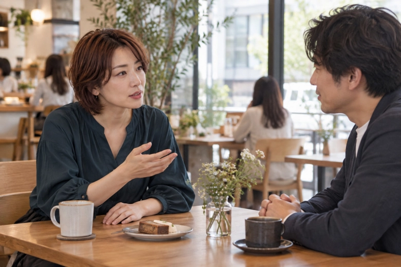 人目のあるカフェで知人と話す女性