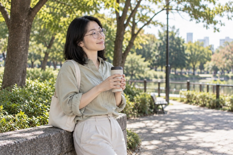 公園で休憩する女性