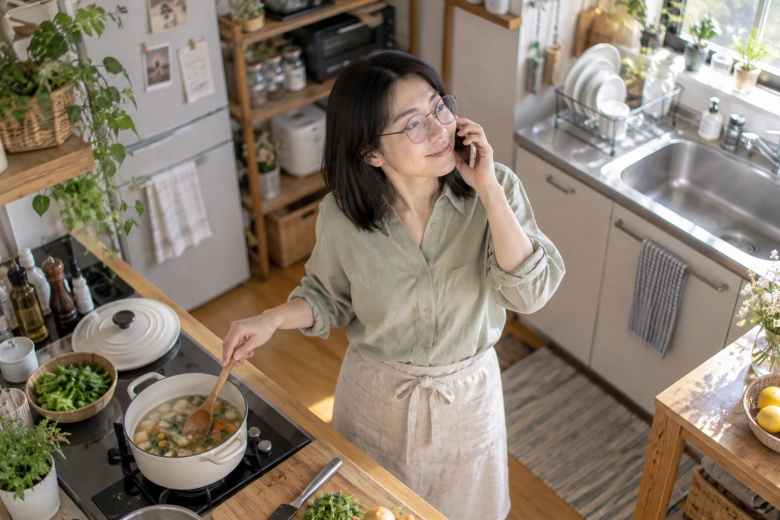 自宅のキッチンで友人と電話する女性